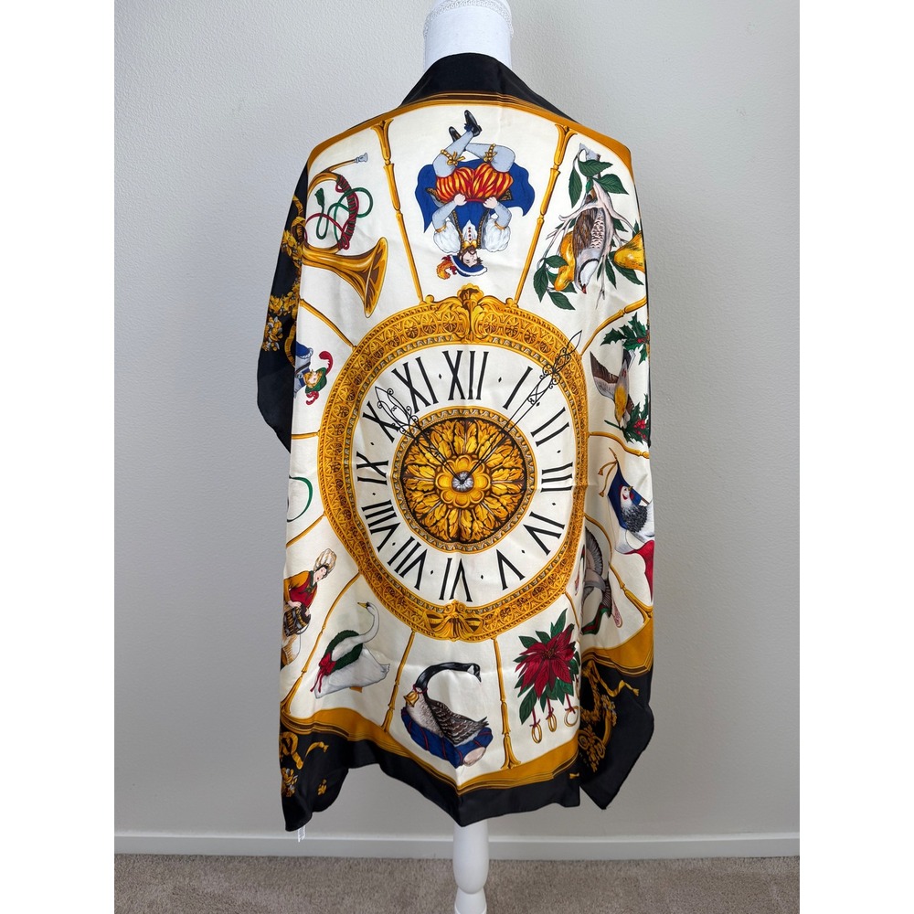 Echo 100% Silk Scarf 35" Clock Roman Numeral Birds Novelty Black Gold Square